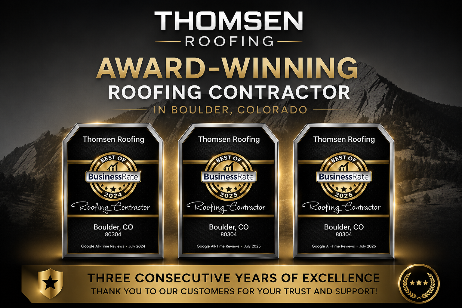 Thomsen Roofing — BusinessRate Best Of Roofing Contractor in Boulder 80304, three consecutive years 2024, 2025 and 2026